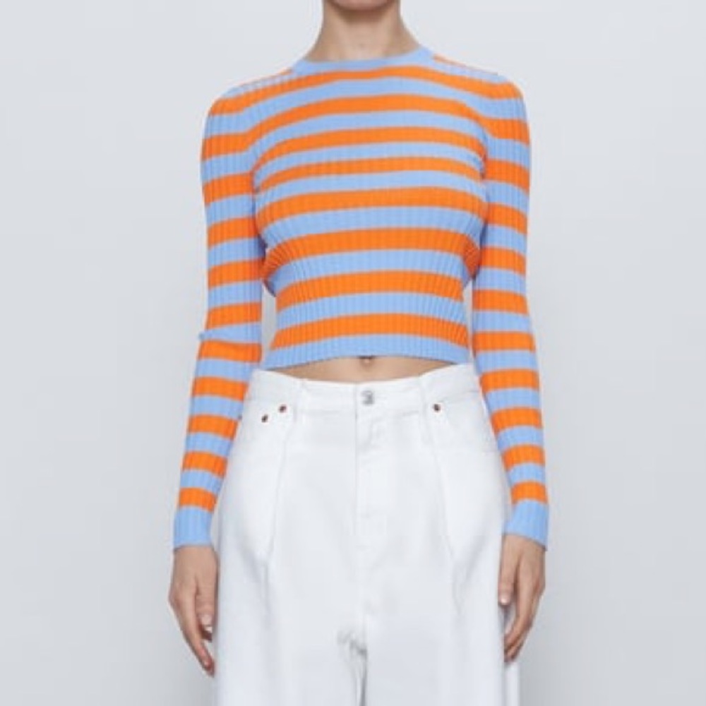 Zara Blue & Orange Striped Ribbed Sweater